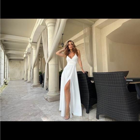 Dresses & Skirts - Elegant Satin White A-Line Side Slit Maxi Dress